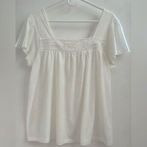 NWT Lucky Brand square neck ruffle sleeve Baby Doll style Lace Trim Blouse Top L